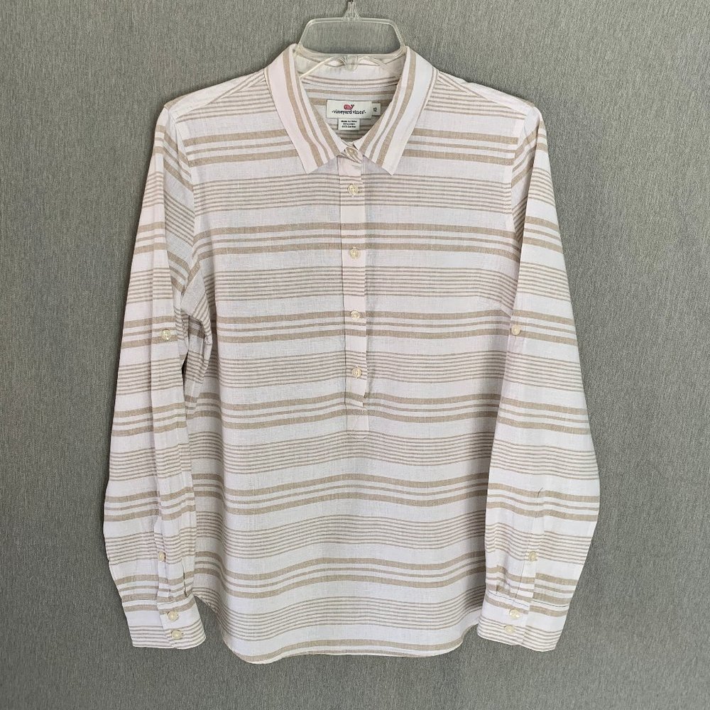 VINEYARD VINES Beige Striped Linen Blend Popover Shirt